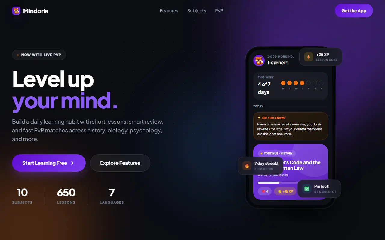 Mindoria homepage screenshot