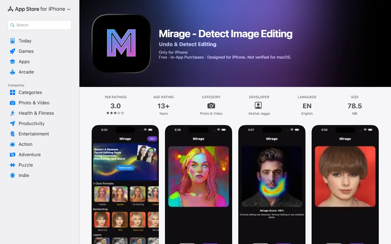 Mirage Detect Image Editing homepage screenshot