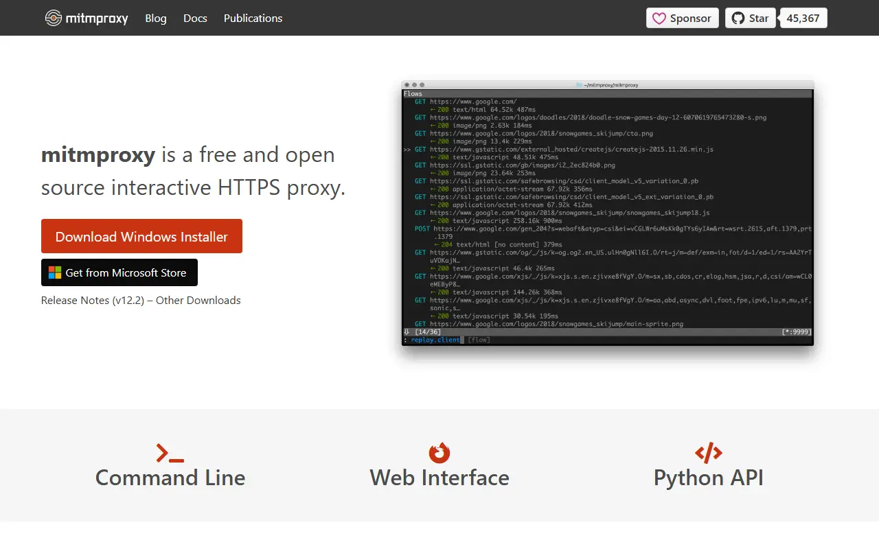 Mitmproxy homepage screenshot