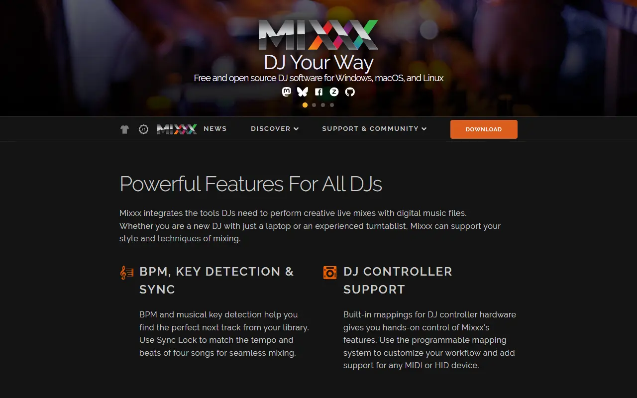 Mixxx homepage screenshot
