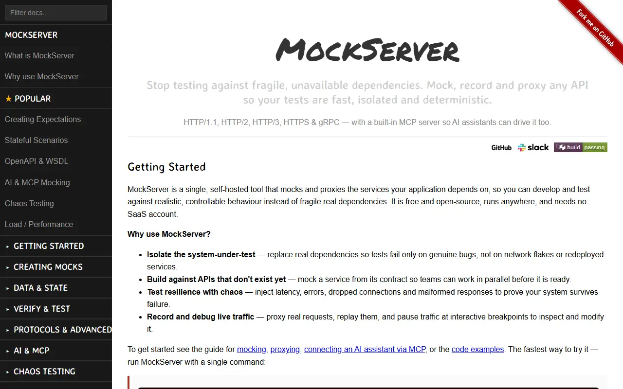 MockServer homepage screenshot