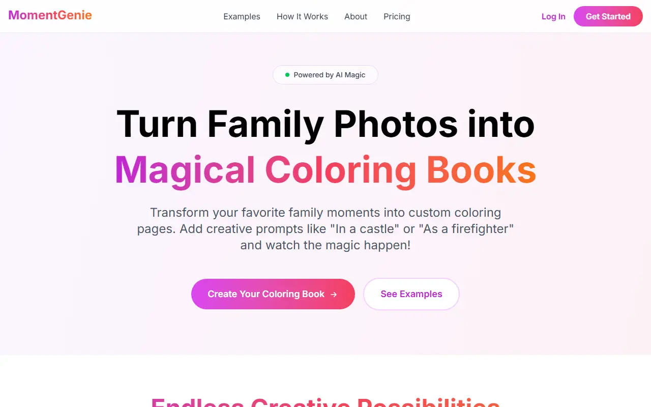 MomentGenie homepage screenshot