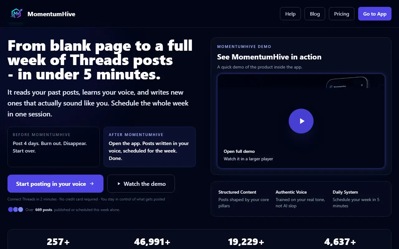 MomentumHive homepage screenshot