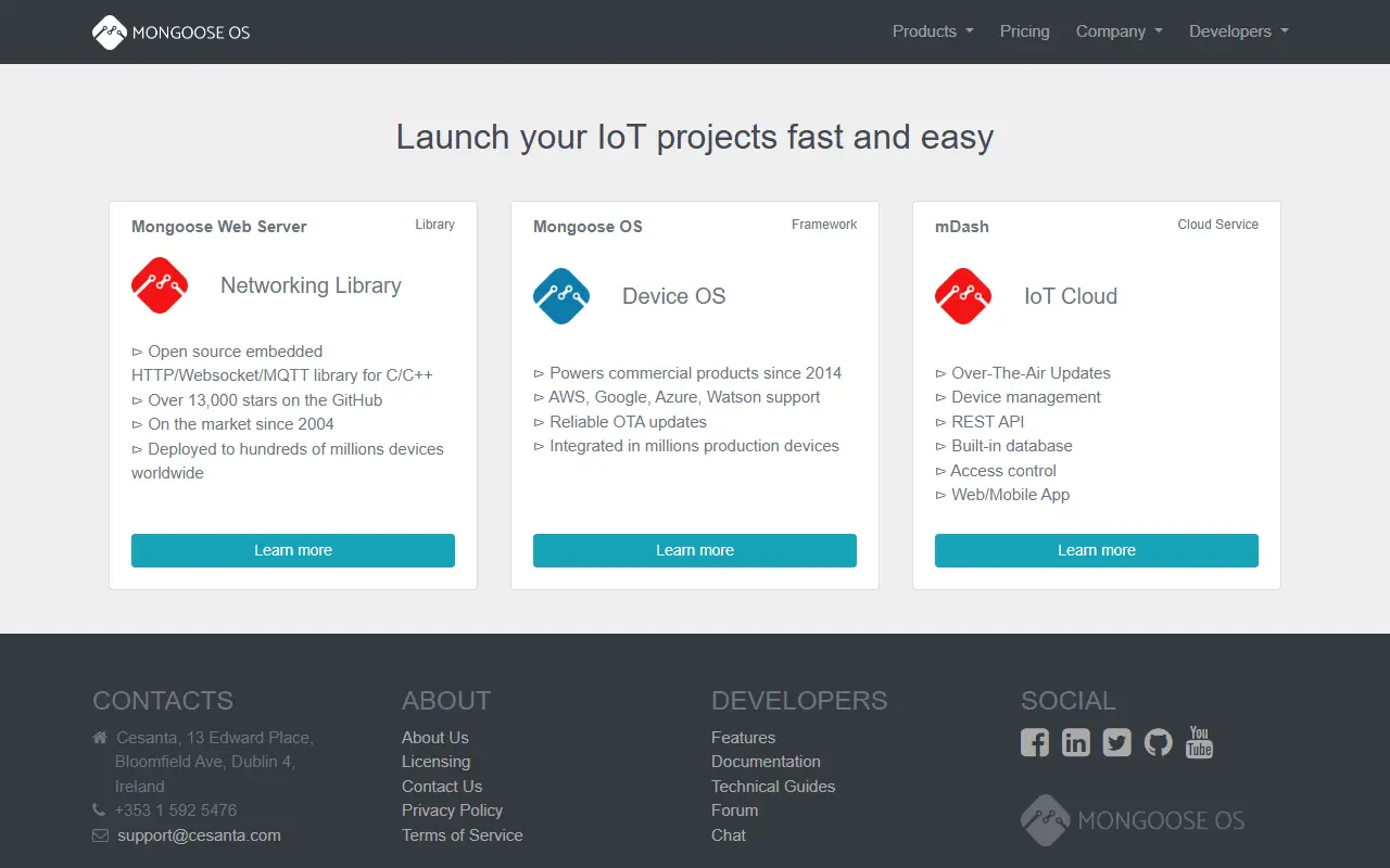 Mongoose OS homepage screenshot