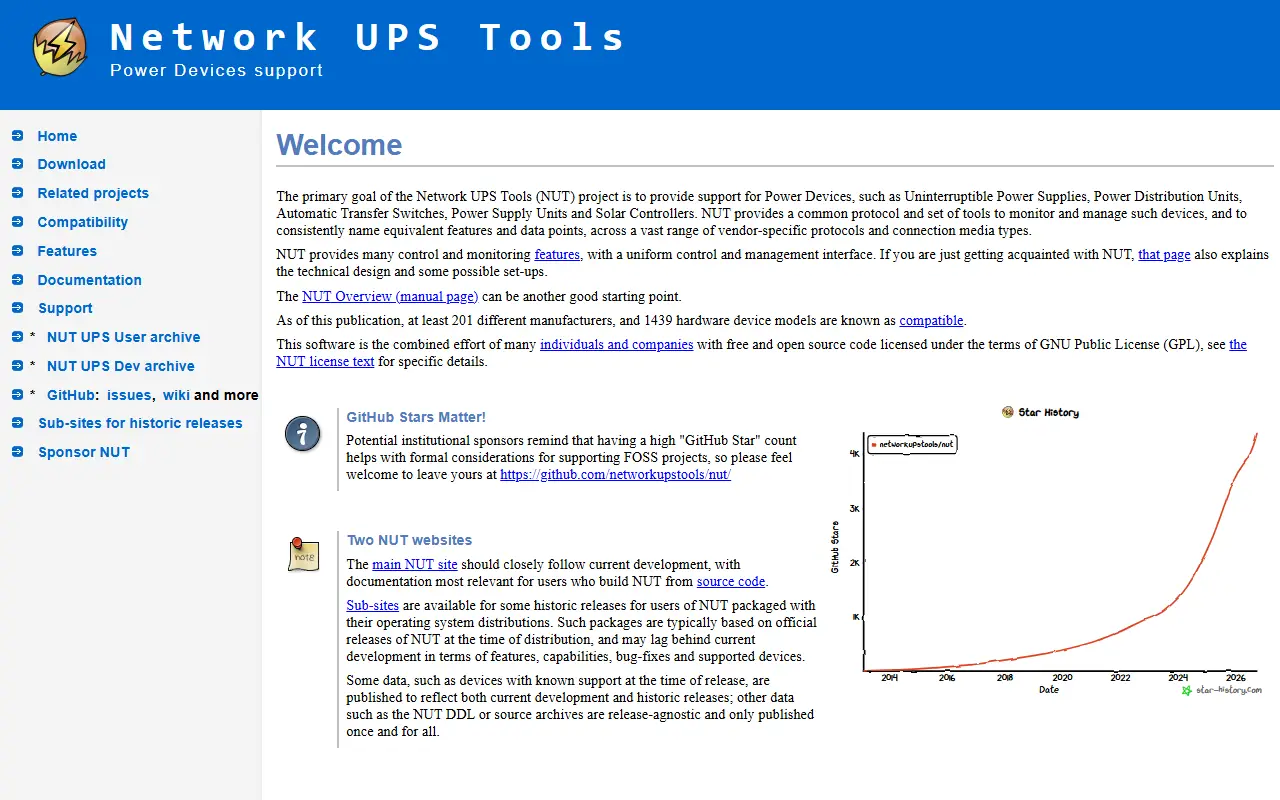 Network UPS Tools homepage screenshot