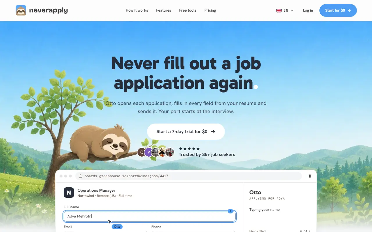NeverApply homepage screenshot