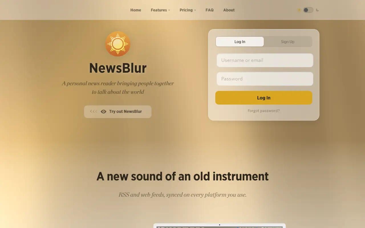 NewsBlur homepage screenshot