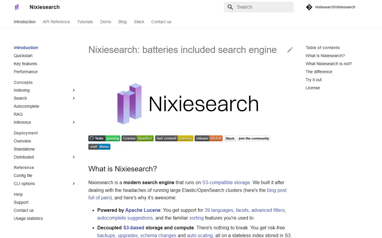 Nixiesearch homepage screenshot