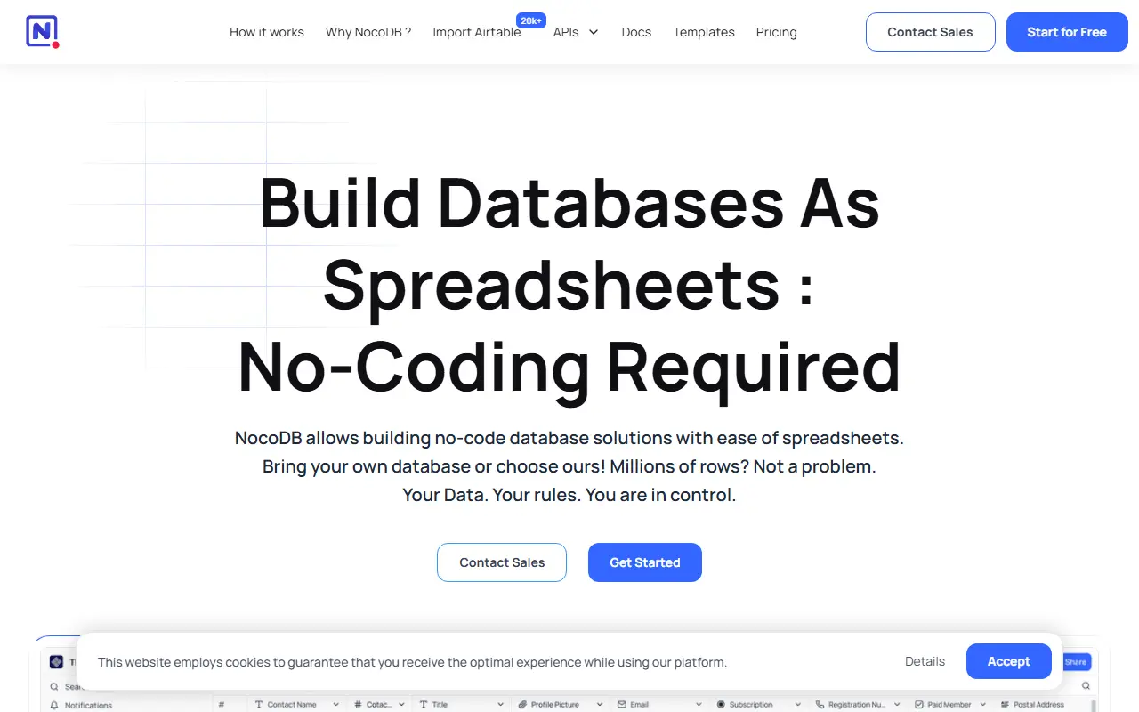 NocoDB homepage screenshot