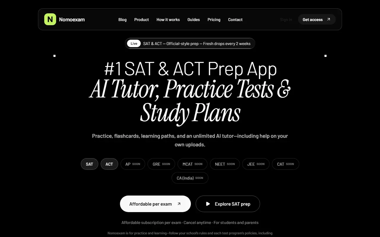 NomoExam homepage screenshot