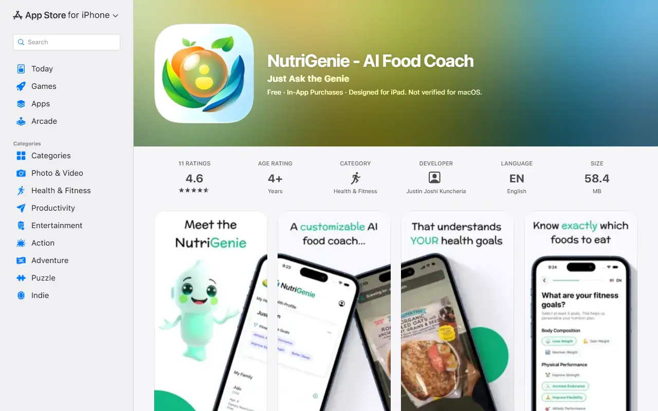 NutriGenie homepage screenshot