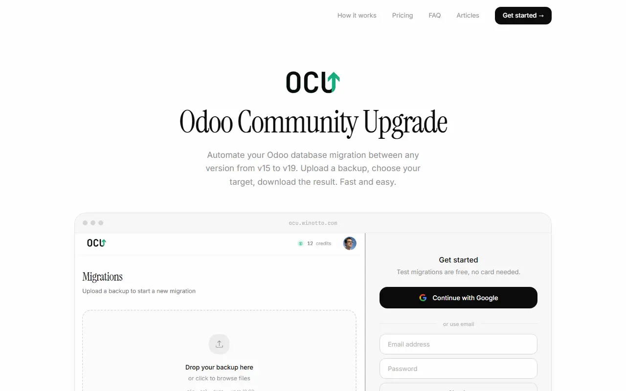 Odoo Community Upgrade Tool homepage screenshot
