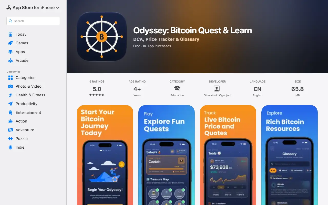 Odyssey: Bitcoin Quest & Learn homepage screenshot