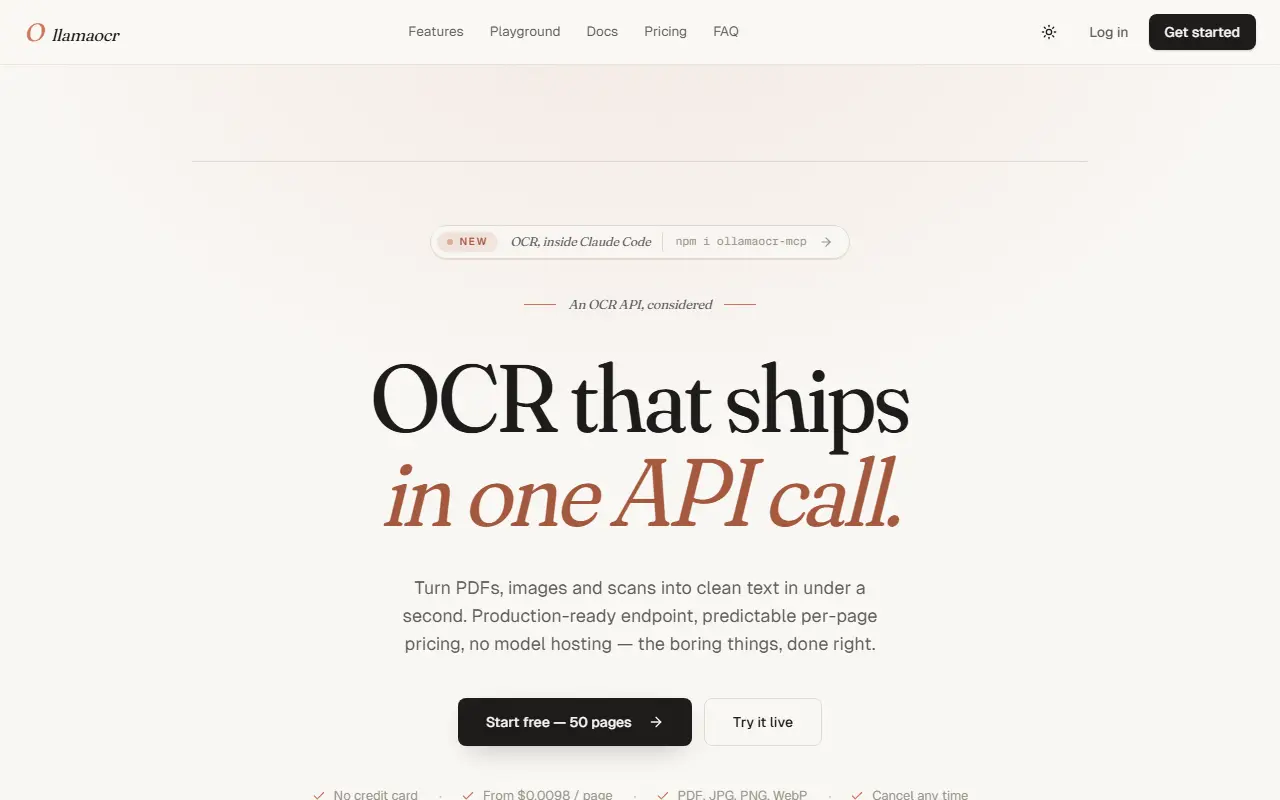 OllamaOCR homepage screenshot