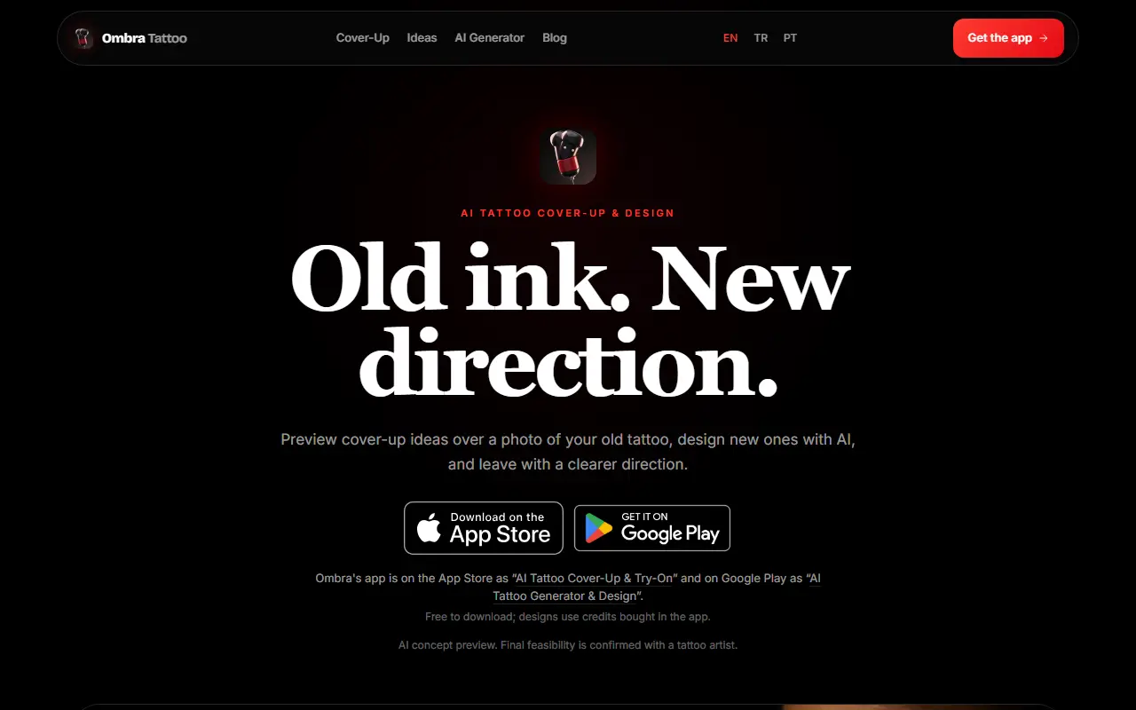 Ombra Tattoo homepage screenshot