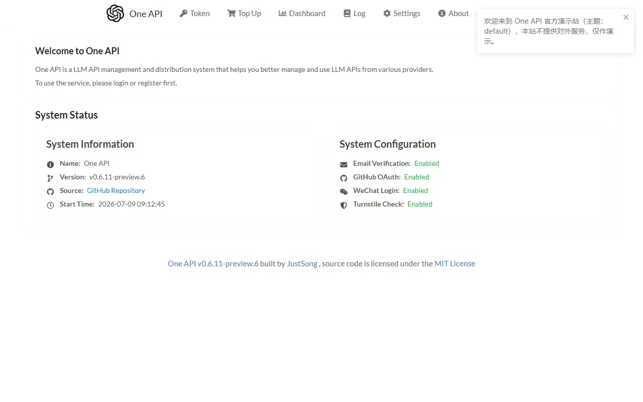 One API homepage screenshot