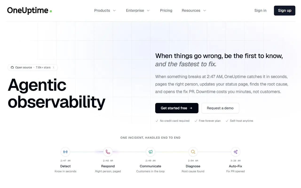 OneUptime homepage screenshot