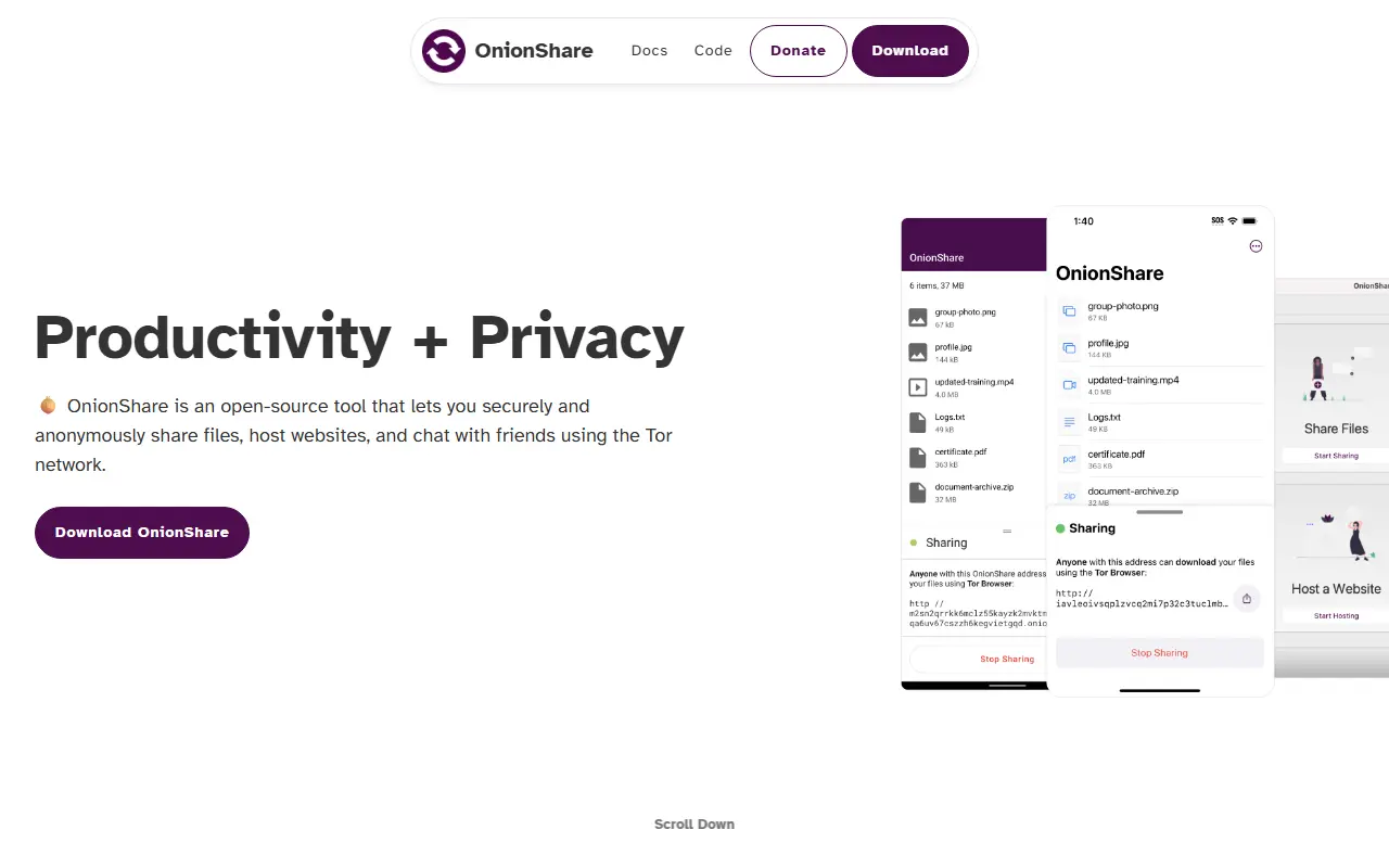 OnionShare homepage screenshot