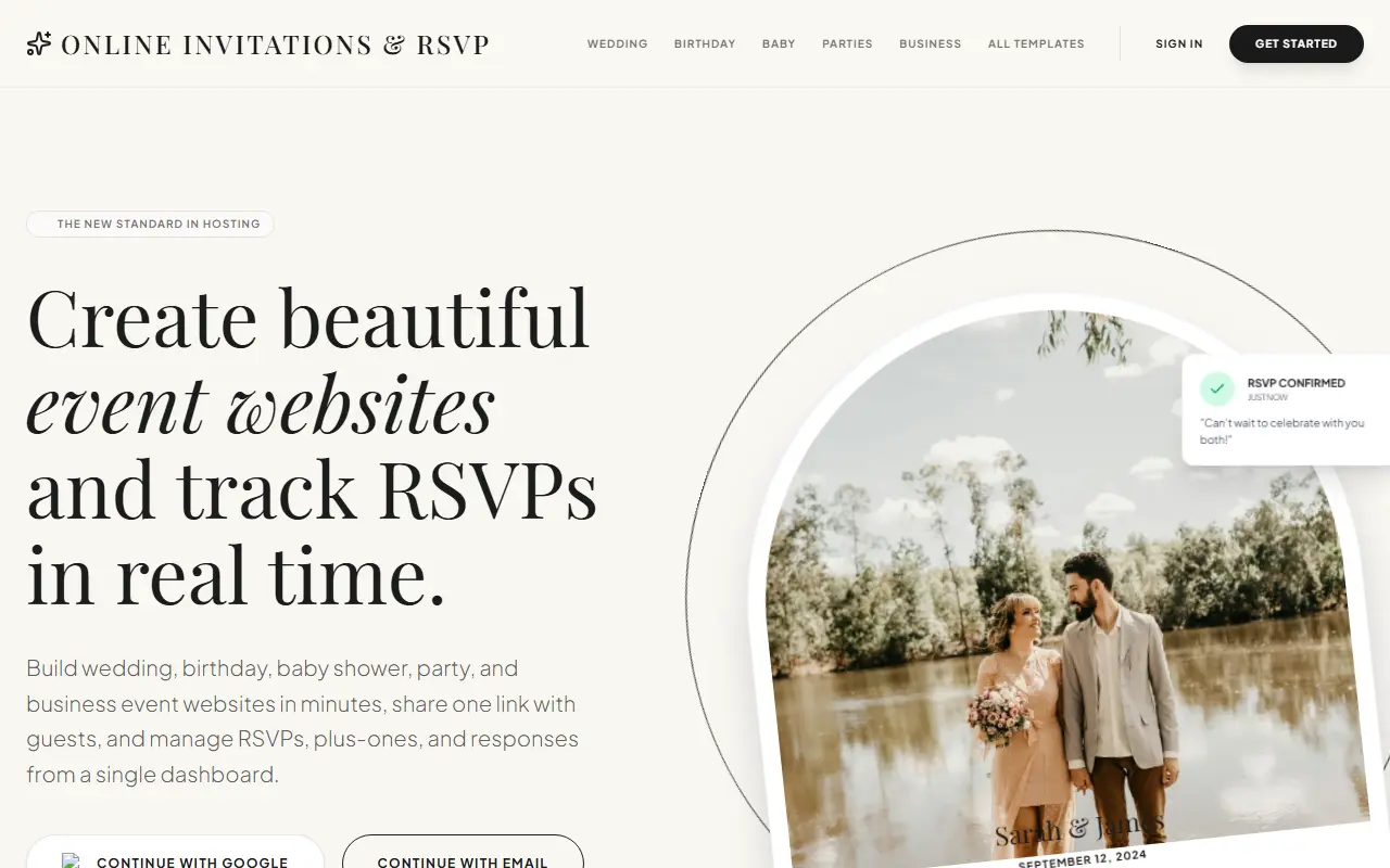 Online Invitations & RSVP homepage screenshot