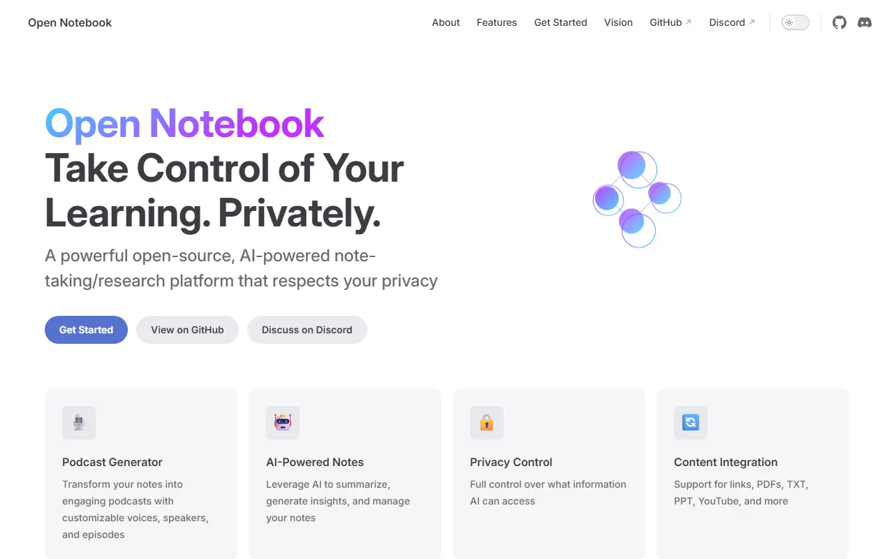 Open Notebook homepage screenshot
