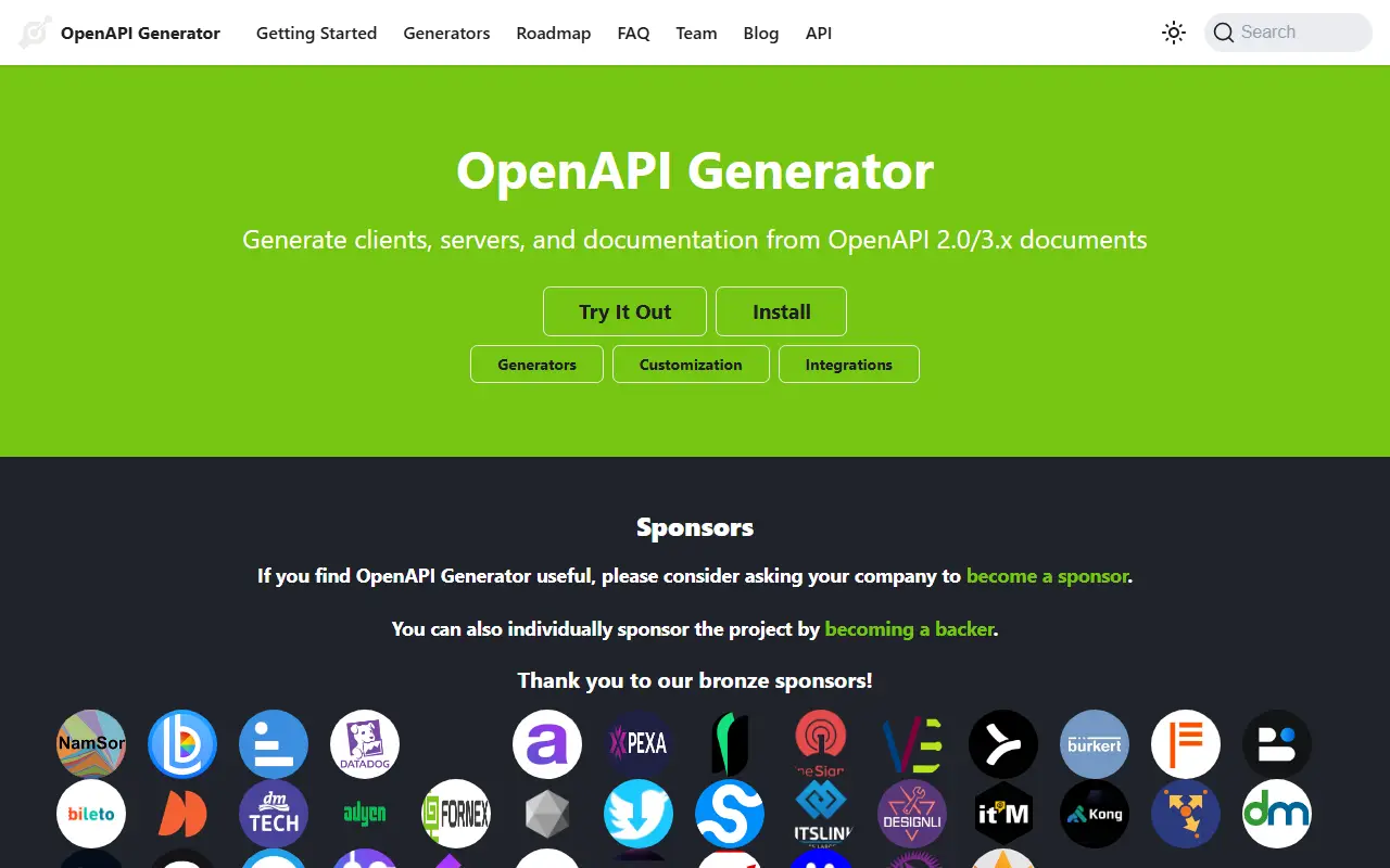 OpenAPI Generator homepage screenshot