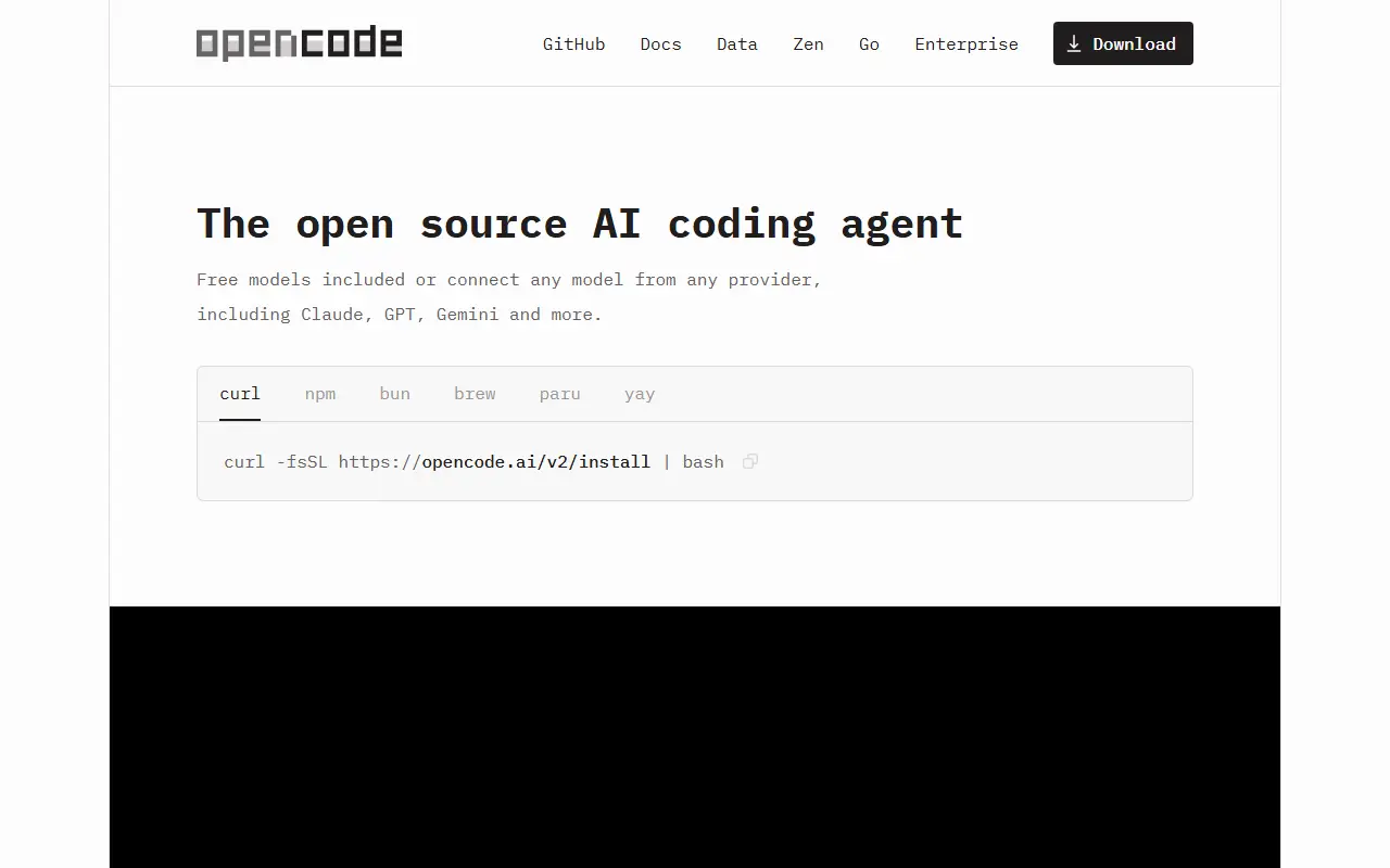 OpenCode homepage screenshot