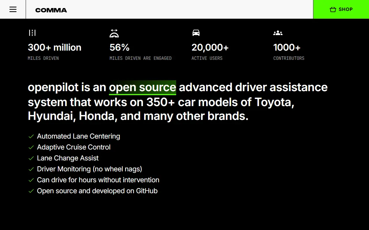 openpilot homepage screenshot