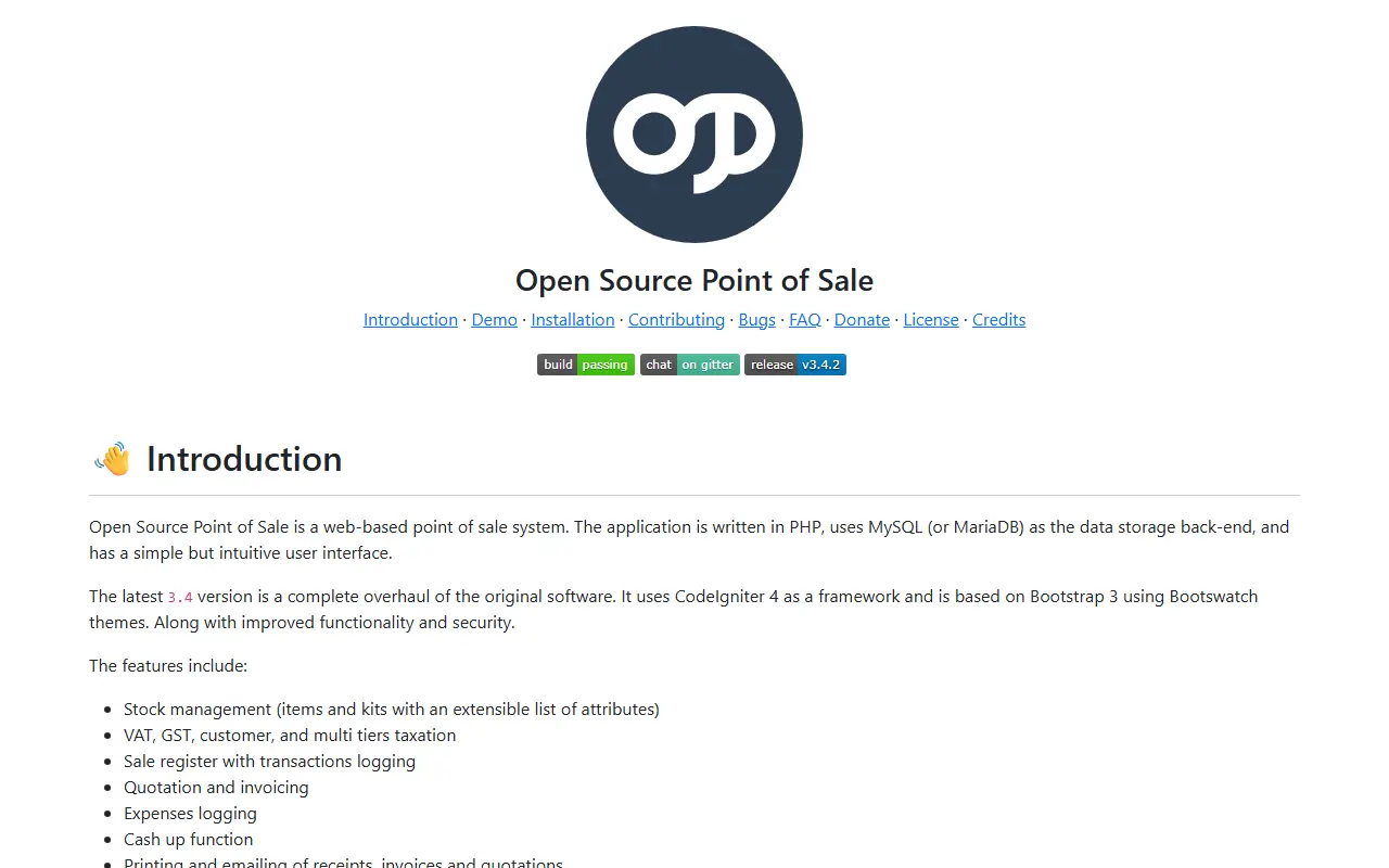 Open Source POS homepage screenshot