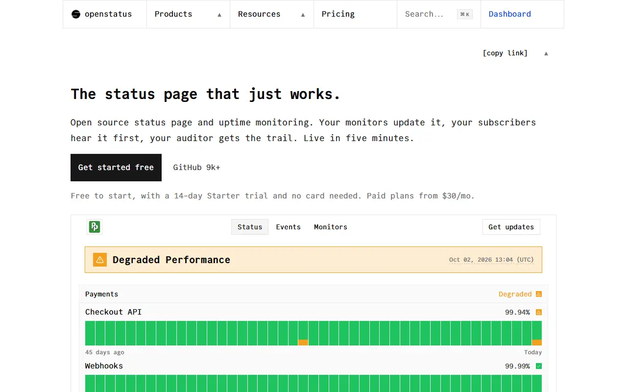 OpenStatus homepage screenshot