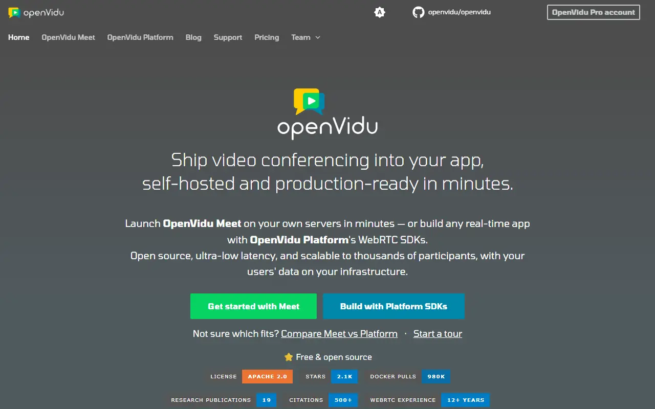 OpenVidu homepage screenshot