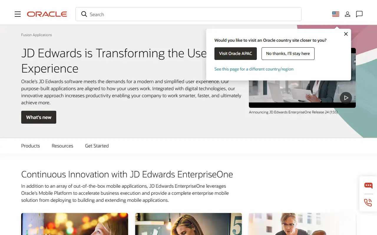 Oracle JD Edwards EnterpriseOne homepage screenshot