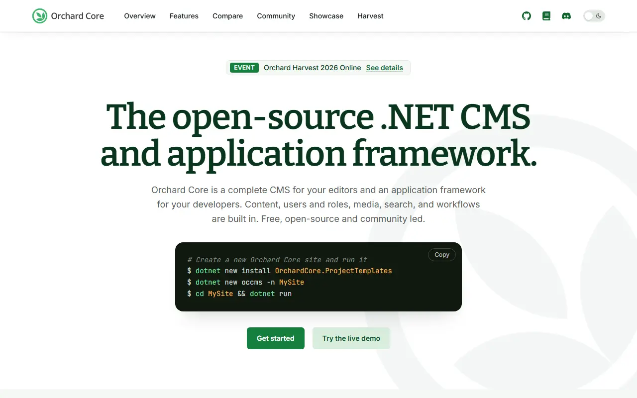 Orchard Core homepage screenshot