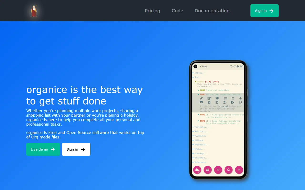 Organice homepage screenshot