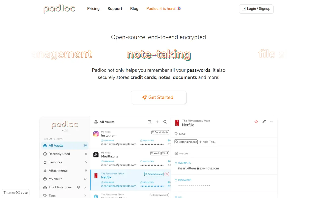 Padloc homepage screenshot