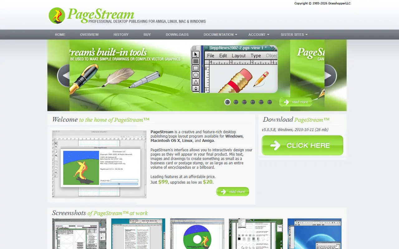 PageStream homepage screenshot