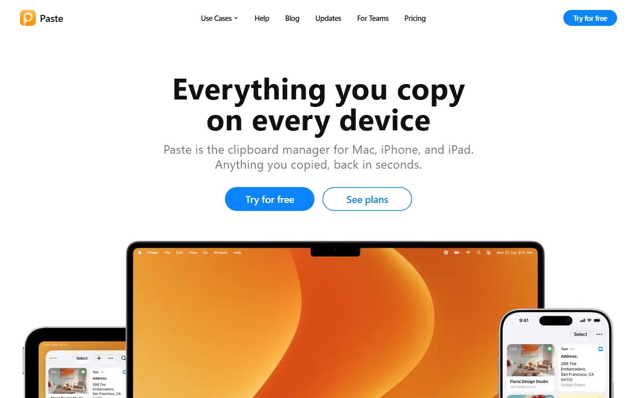 Paste homepage screenshot