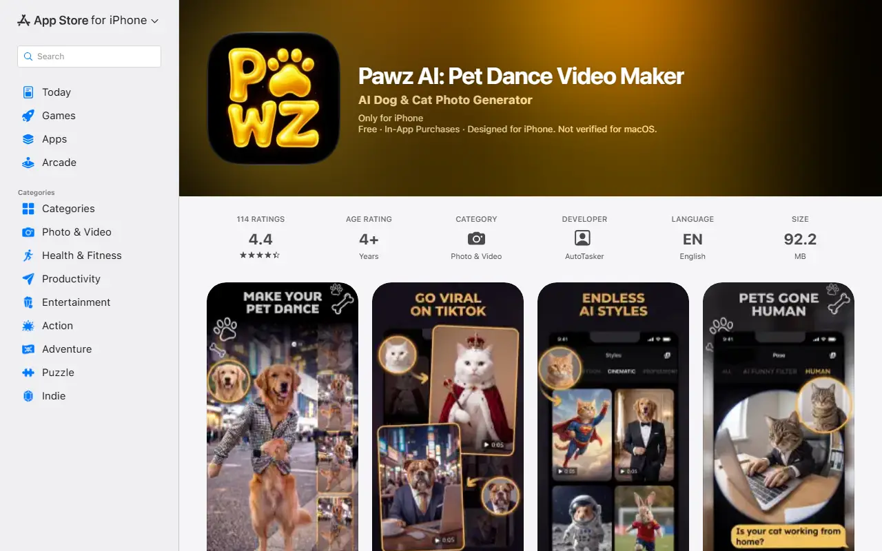 Pawz AI: Pet Dance Video Maker homepage screenshot