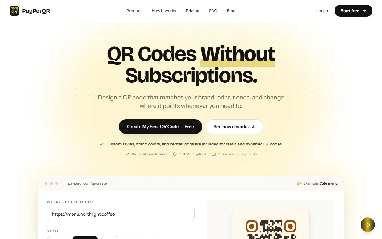 Pay Per QR homepage screenshot