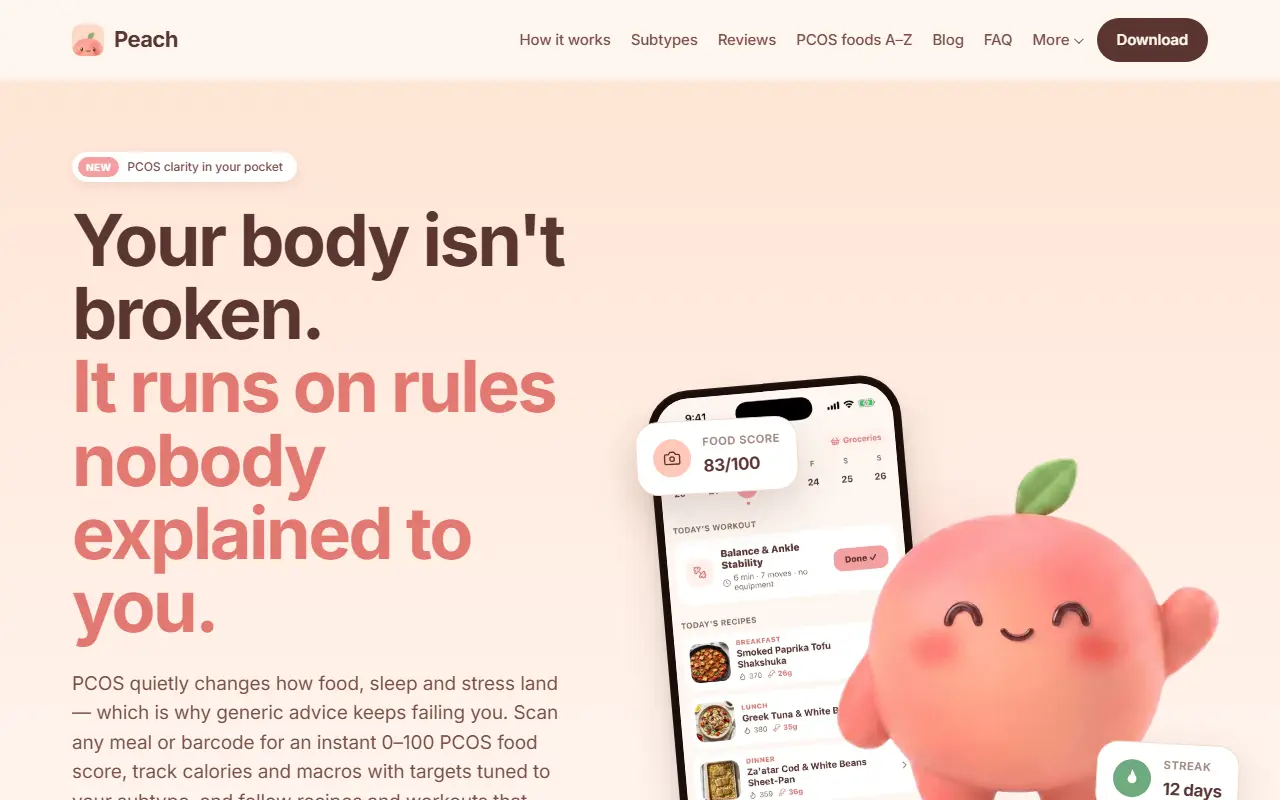 PCOS Peach homepage screenshot