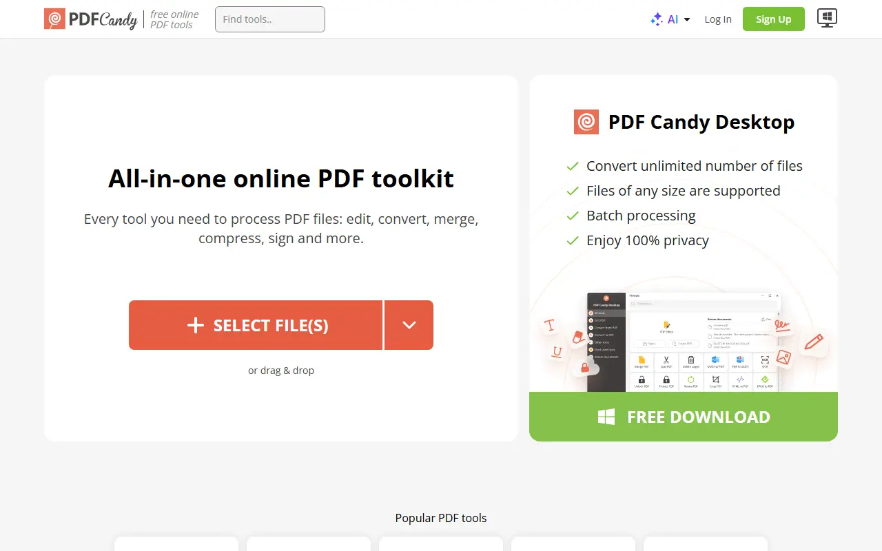 PDF Candy Desktop homepage screenshot