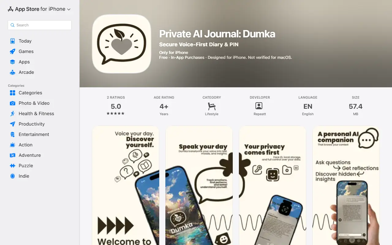 Personal AI Diary - Dumka homepage screenshot