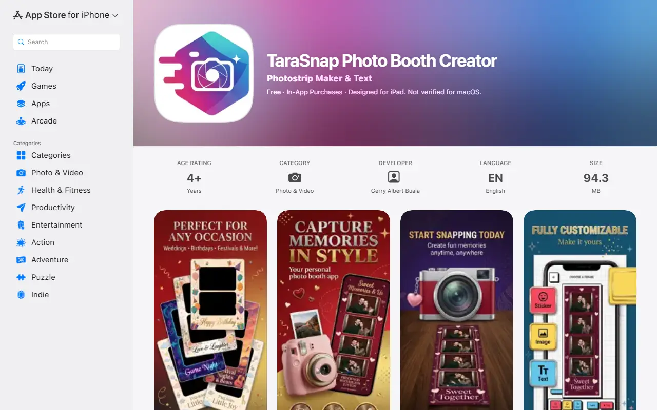 Photo Booth App: TaraSnap homepage screenshot