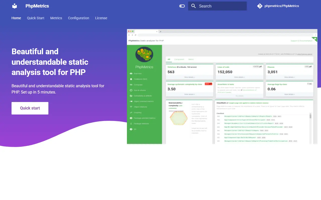 PhpMetrics homepage screenshot