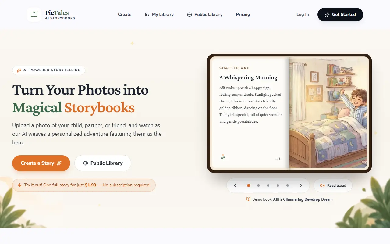 PicTales homepage screenshot