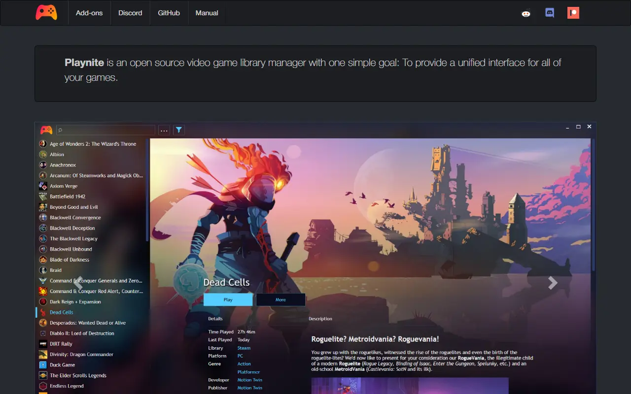 Playnite homepage screenshot