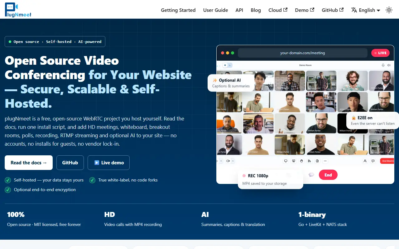 plugNmeet homepage screenshot