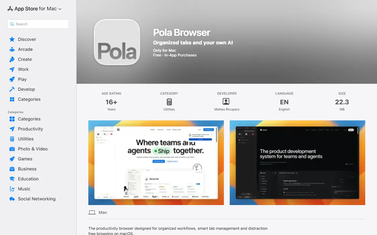 Pola Browser homepage screenshot