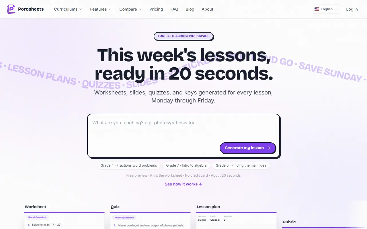 Porosheets homepage screenshot
