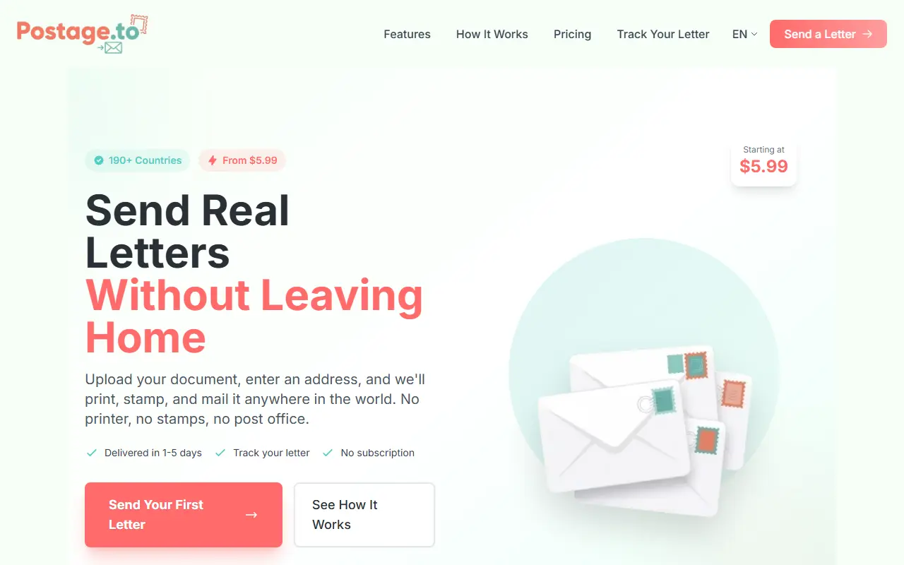 Postage.TO homepage screenshot