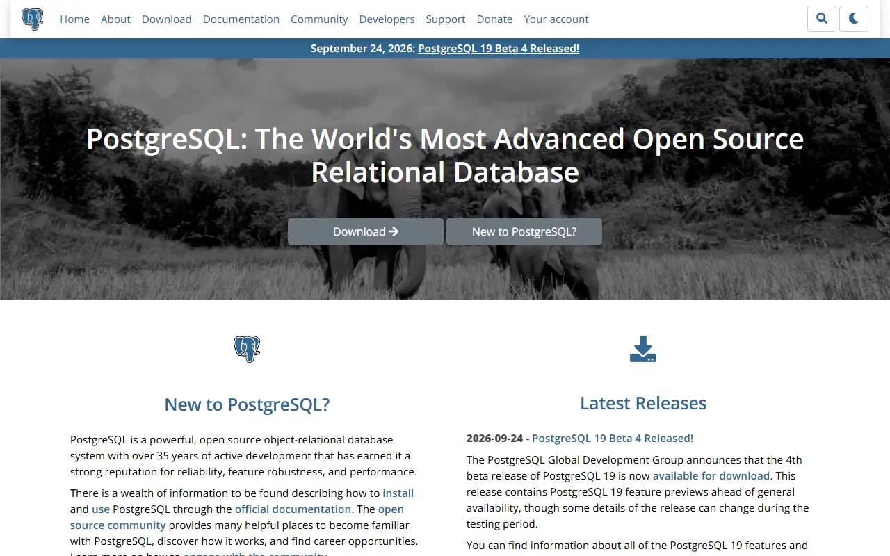 PostgreSQL homepage screenshot